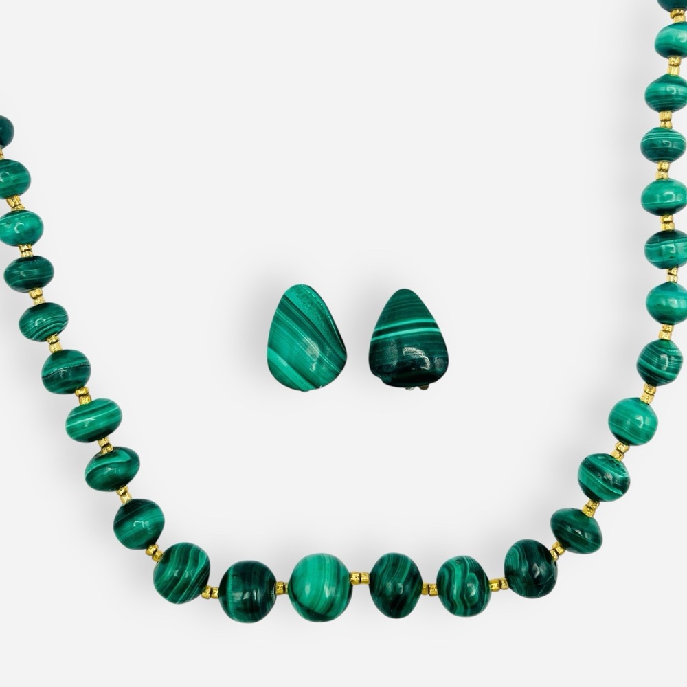 Vintage Malachite Graduated Bead Necklace‎ Teardrop Clip On Earring Set Green
